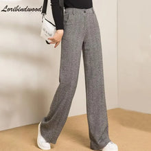 Load image into Gallery viewer, Herringbone Pattern Woolen Wide Leg Pants For Woman 2022 Spring Autumn High Waist Straight Trousers Ladies Slim Suit
