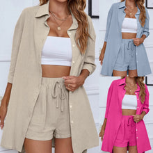 Load image into Gallery viewer, 2023 Summer Beach Casual Button Women Sets Cotton Linen Top ShortsTwo Pieces Sets Long Sleeve Shirt and Shorts Women Set Outfits
