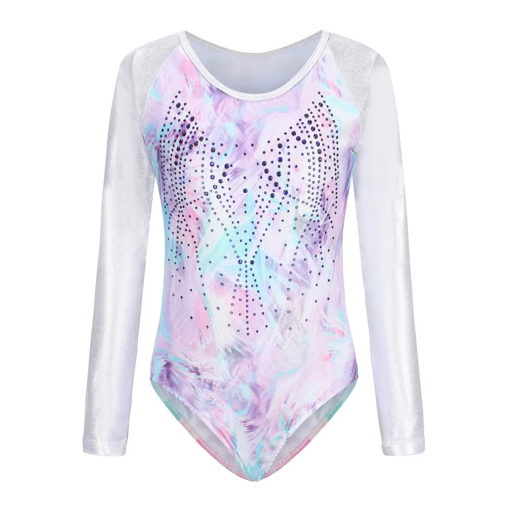 Girls' Long Sleeve Ballet Gymnastics Leotard High Stretch Gradient Print Sparkly Tumbling Dancewear Bodysuit For 5-12 Years