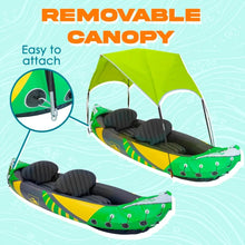 Load image into Gallery viewer, 2 Person Inflatable Kayak with Exclusive Sun Canopy (Detachable) Kayaks for Adults 3rd Seat for Dog/Child Waterproof Phone Bags
