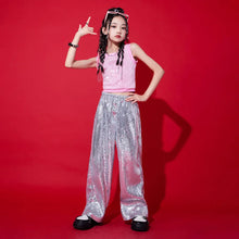 Load image into Gallery viewer, Kid Cool Hip Hop Clothing Pink Sequined Crop Tank Top Silver Casual Wide Pants for Girls Jazz Dance Costumes Performance Clothes
