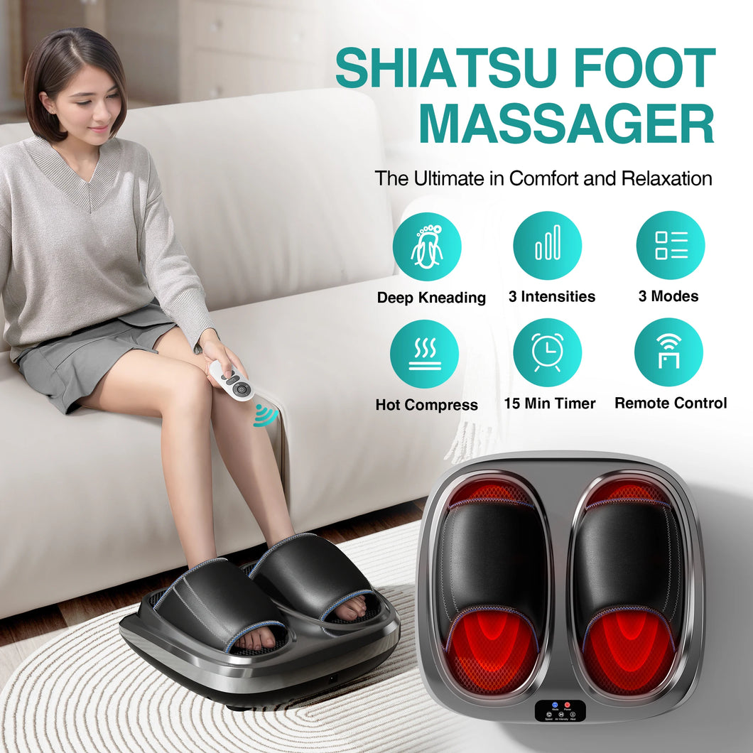 Foot Massager Heating Therapy Hot Compression Shiatsu Knead Roller Muscle Relaxation Pain Relief Electric Foot Massage Machine