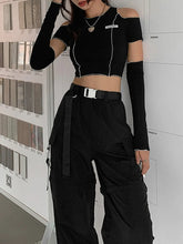 Load image into Gallery viewer, Black T-shirts Gothic Open Shoulder Sleeve Y2k Crop Tops Ruffles Hem Hip Hop  Women Tee
