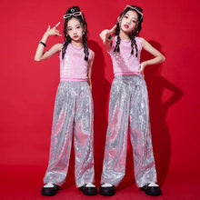 Load image into Gallery viewer, Kid Cool Hip Hop Clothing Pink Sequined Crop Tank Top Silver Casual Wide Pants for Girls Jazz Dance Costumes Performance Clothes
