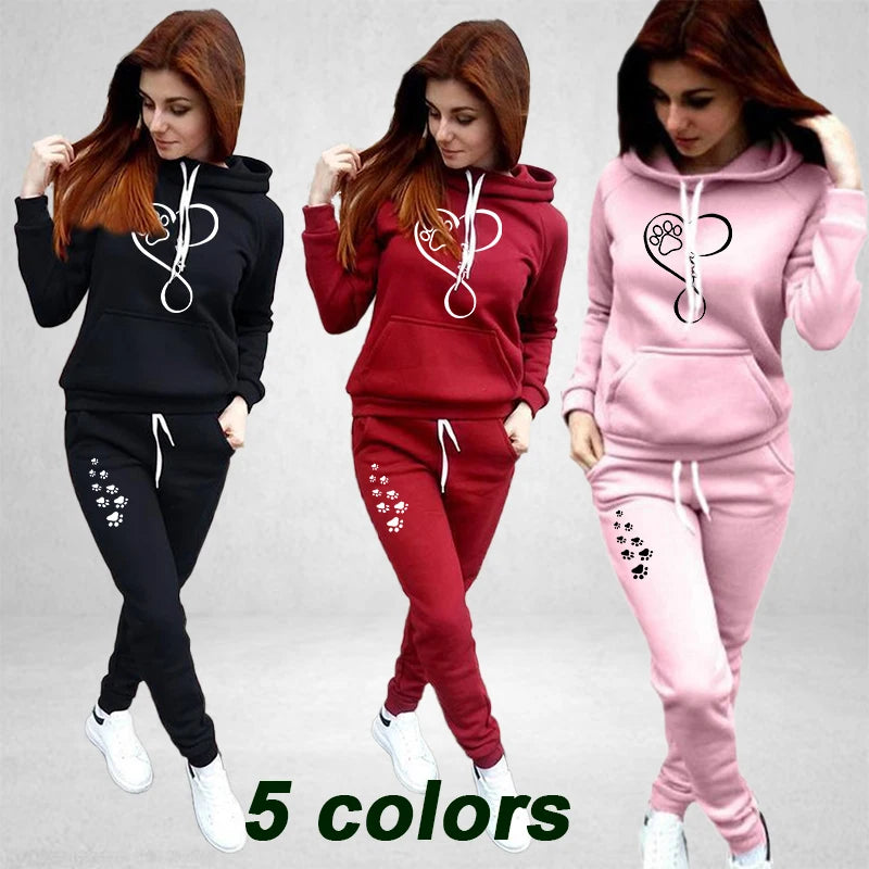 Women's Fashion Hoodie Set Classic Print Pullover Hooded Sweatshirt+Sports Pants Set Hooded Sweatwear