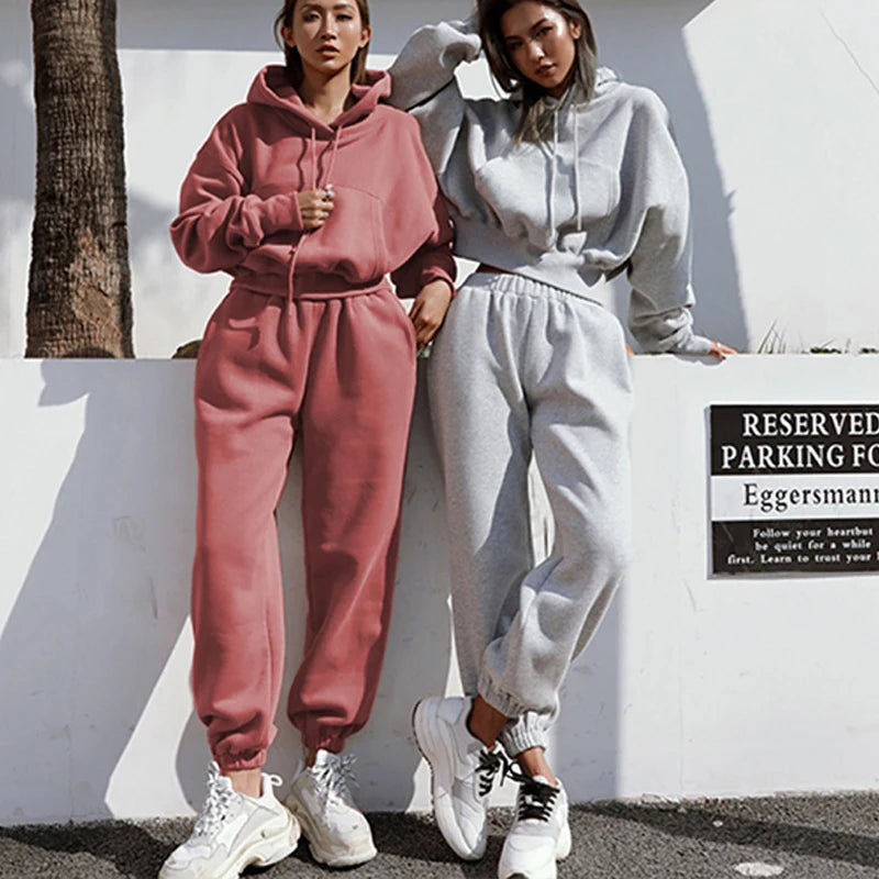 2024 Women's Fall pantsuit Solid color  loose hoodie Wide leg pants Two-piece winter tracksuit Female's