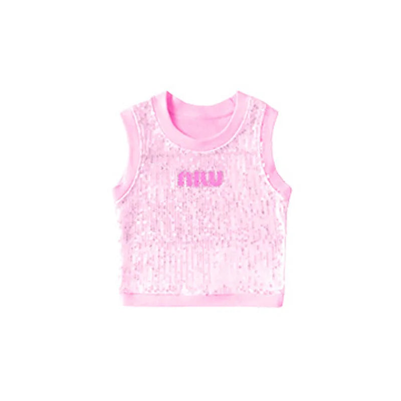 Kid Cool Hip Hop Clothing Pink Sequined Crop Tank Top Silver Casual Wide Pants for Girls Jazz Dance Costumes Performance Clothes
