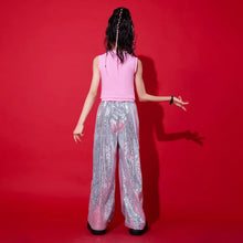 Load image into Gallery viewer, Kid Cool Hip Hop Clothing Pink Sequined Crop Tank Top Silver Casual Wide Pants for Girls Jazz Dance Costumes Performance Clothes
