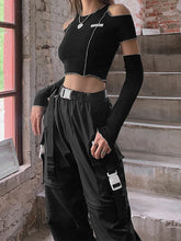 Load image into Gallery viewer, Black T-shirts Gothic Open Shoulder Sleeve Y2k Crop Tops Ruffles Hem Hip Hop  Women Tee
