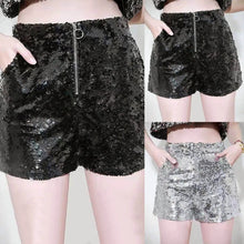 Load image into Gallery viewer, Women&#39;s Glitter Sequined Shorts 2024 Summer Elastic High Waist Short Pants With Pocket Zipper Sexy Party Club Hotpants Silver
