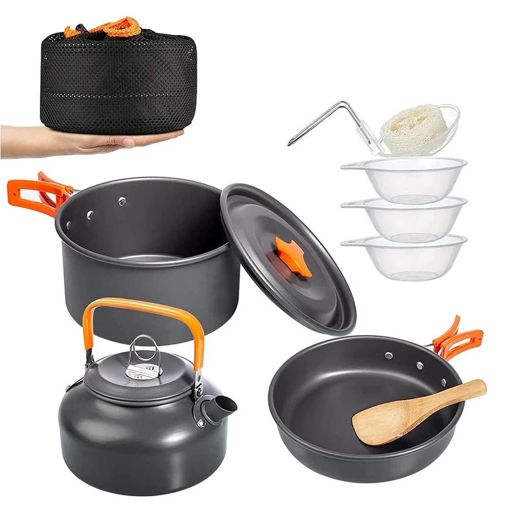 Camping Cookware Kit Outdoor Aluminum Cooking Set Water Kettle Pan Pot Travelling Hiking Picnic BBQ Tableware Equipment