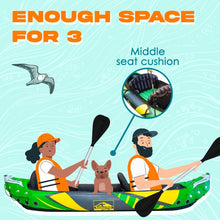 Load image into Gallery viewer, 2 Person Inflatable Kayak with Exclusive Sun Canopy (Detachable) Kayaks for Adults 3rd Seat for Dog/Child Waterproof Phone Bags
