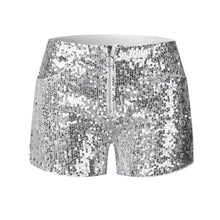 Load image into Gallery viewer, Women&#39;s Glitter Sequined Shorts 2024 Summer Elastic High Waist Short Pants With Pocket Zipper Sexy Party Club Hotpants Silver
