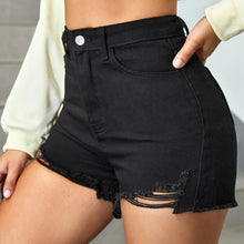 Load image into Gallery viewer, High Waisted Distressed Denim Shorts Ripped Hem Womens Short Jeans Summer Black Hot Pants Female Button Pockets Shorts Mujer
