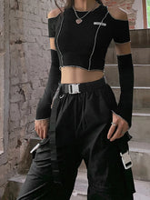 Load image into Gallery viewer, Black T-shirts Gothic Open Shoulder Sleeve Y2k Crop Tops Ruffles Hem Hip Hop  Women Tee
