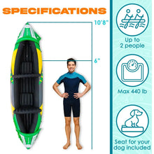 Load image into Gallery viewer, 2 Person Inflatable Kayak with Exclusive Sun Canopy (Detachable) Kayaks for Adults 3rd Seat for Dog/Child Waterproof Phone Bags
