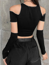 Load image into Gallery viewer, Black T-shirts Gothic Open Shoulder Sleeve Y2k Crop Tops Ruffles Hem Hip Hop  Women Tee
