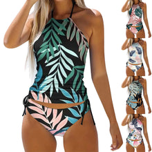 Load image into Gallery viewer, High Neck Bikini Top Teal Women&#39;s Two Piece Tropical Floral Print Swimsuit Tankini Swimsuit Women&#39;s Board Shorts Swimwear Long
