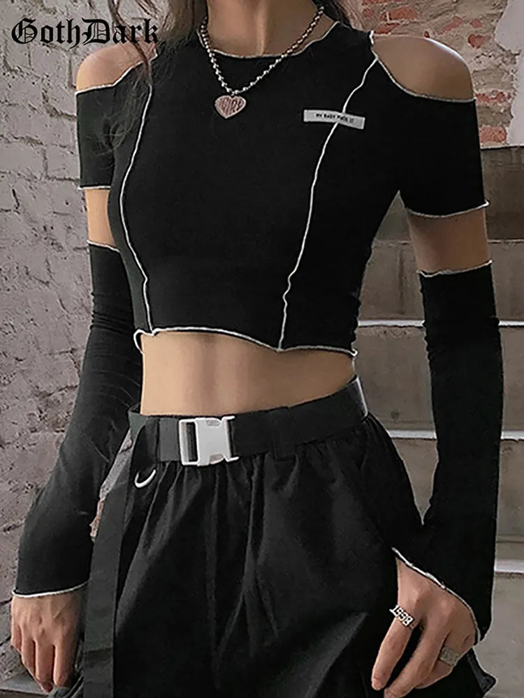 Black T-shirts Gothic Open Shoulder Sleeve Y2k Crop Tops Ruffles Hem Hip Hop  Women Tee