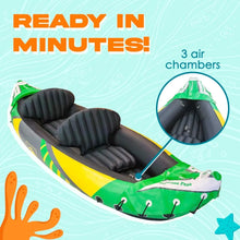 Load image into Gallery viewer, 2 Person Inflatable Kayak with Exclusive Sun Canopy (Detachable) Kayaks for Adults 3rd Seat for Dog/Child Waterproof Phone Bags
