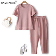 Load image into Gallery viewer, Bright Line Decoration Summer Outfits For Women 2023 Loose O Neck Solid Air Cotton Short Sleeve Sweater Trousers Two Piece Sets
