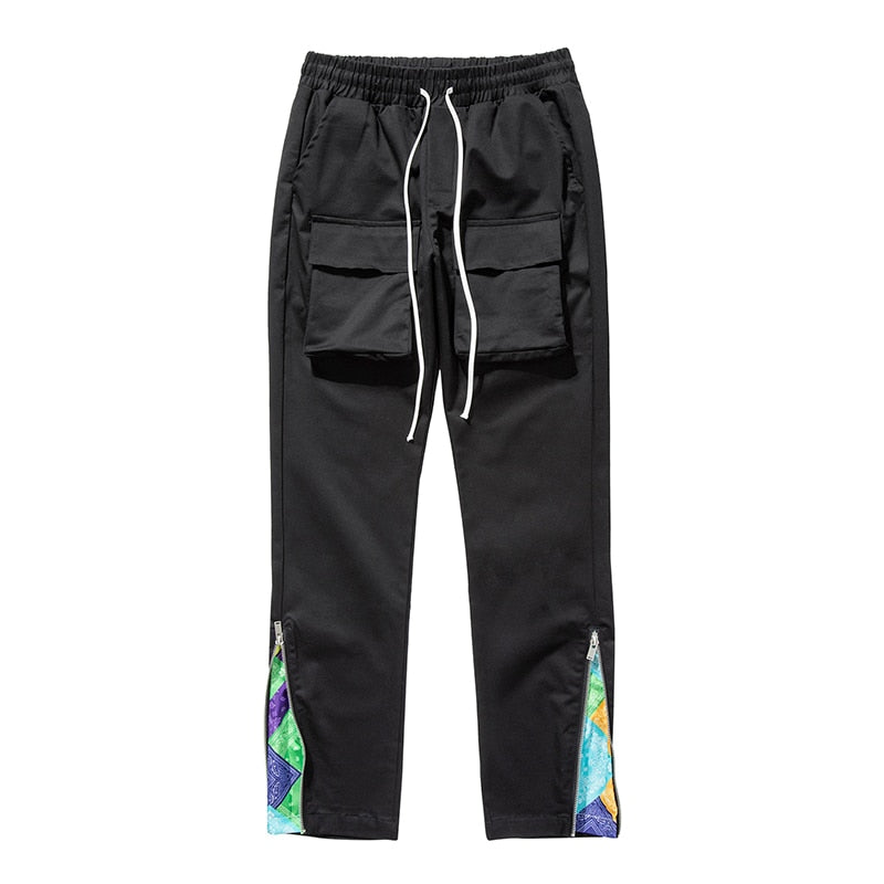 Ankle Zipper Cashew Print Pockets Overalls Men Hip Hop Loose Cargo Pants